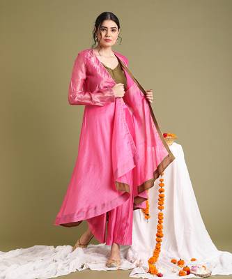 Pink chanderi handloom flared jacket set 3