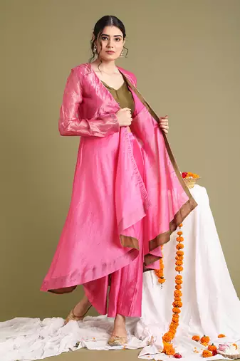 Pink chanderi handloom flared jacket set