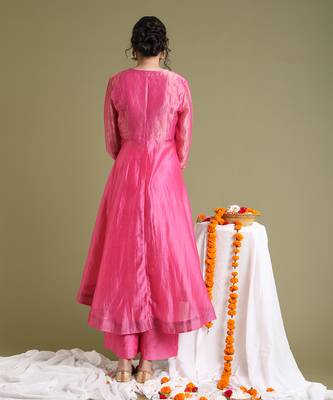 Pink chanderi handloom flared jacket set 4