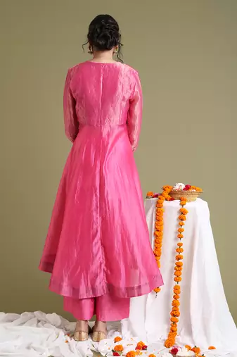 Pink chanderi handloom flared jacket set