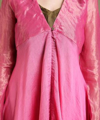 Pink chanderi handloom flared jacket set 5