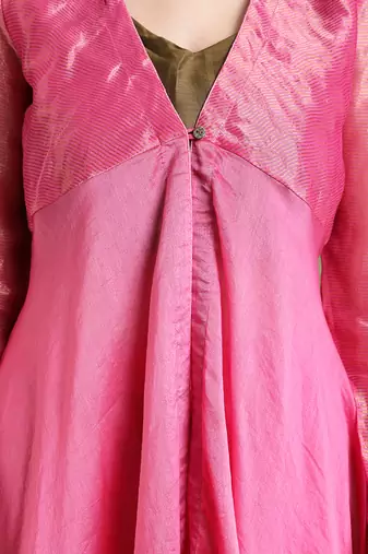 Pink chanderi handloom flared jacket set