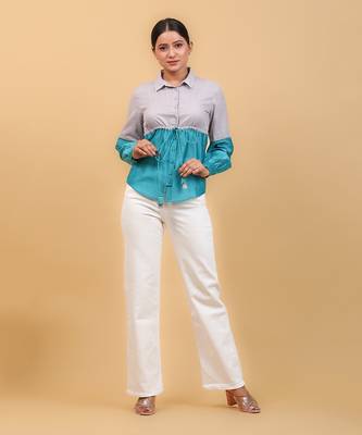 Aqua blue color block shirt 1