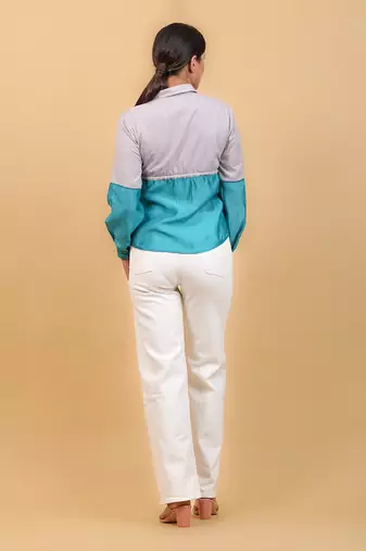 Aqua blue color block shirt