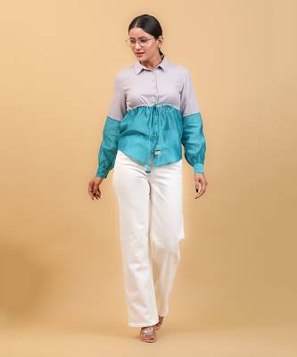 Aqua blue color block shirt 4