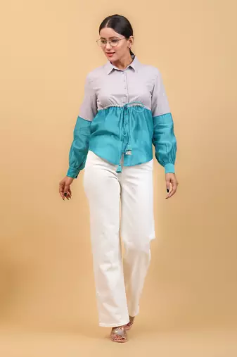 Aqua blue color block shirt