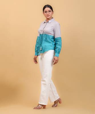 Aqua blue color block shirt 5