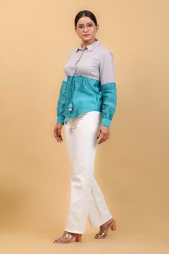 Aqua blue color block shirt