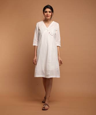 White textured cotton angarakha overlap dress 1