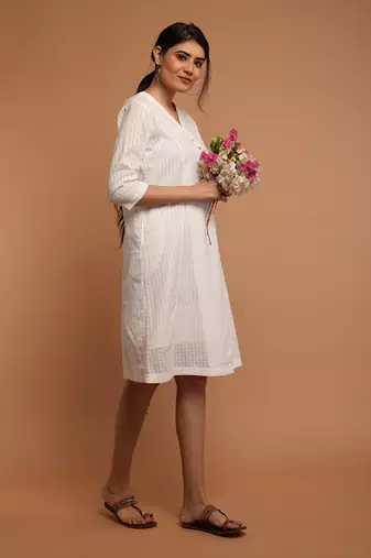 White textured cotton angarakha overlap dress