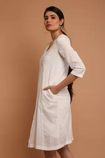 White textured cotton angarakha overlap dress