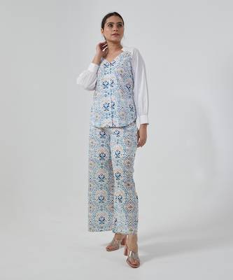 Aqua blue stylized v neck shirt set 1