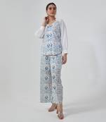 Aqua blue stylized v neck shirt set