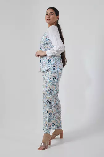 Aqua blue stylized v neck shirt set
