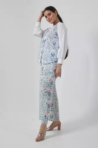 Aqua blue stylized v neck shirt set