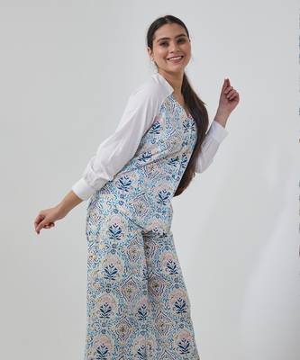 Aqua blue stylized v neck shirt set 5