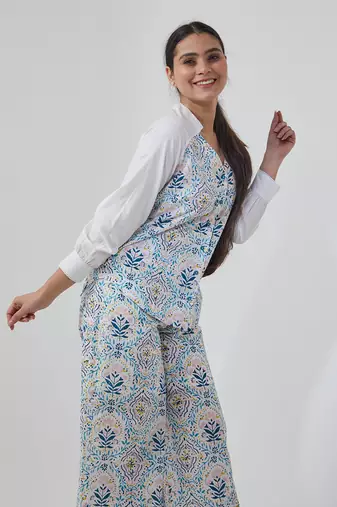 Aqua blue stylized v neck shirt set