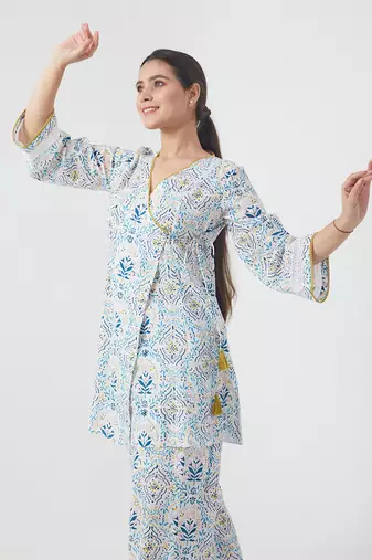 Aqua blue short angarakha kurta set