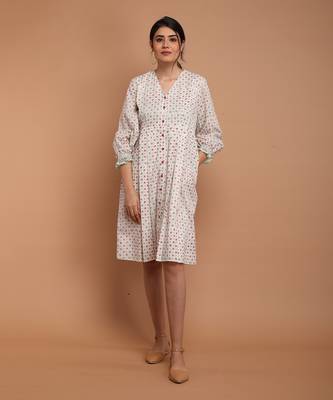 White cotton hand block printed bodycon dress 1