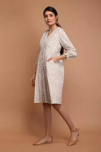 White cotton hand block printed bodycon dress