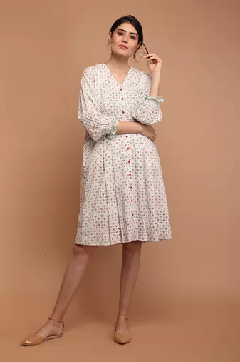 White cotton hand block printed bodycon dress