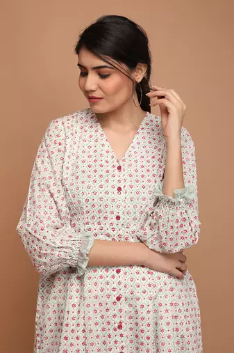 White cotton hand block printed bodycon dress
