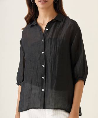 Black linen silk shirt set 4