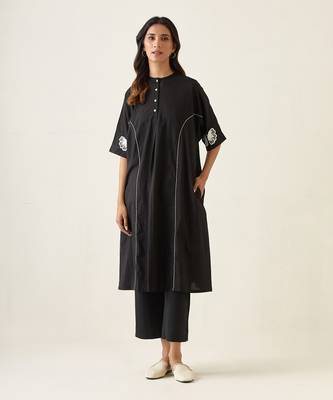 Black cotton kaftan style kurta set 1