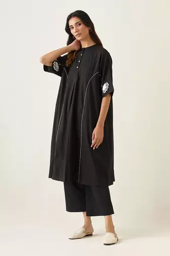Black cotton kaftan style kurta set