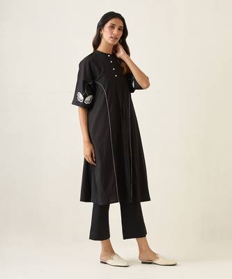 Black cotton kaftan style kurta set 3