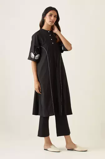 Black cotton kaftan style kurta set