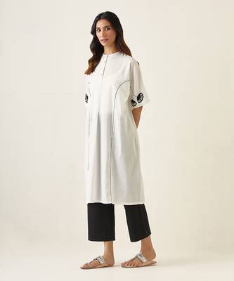 White & black cotton kaftan style embroidered kurta set 2