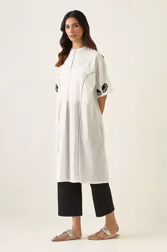 White & black cotton kaftan style embroidered kurta set
