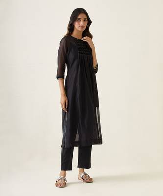 Black chanderi handloom smocking kurta set 1