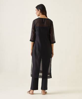 Black chanderi handloom smocking kurta set 2