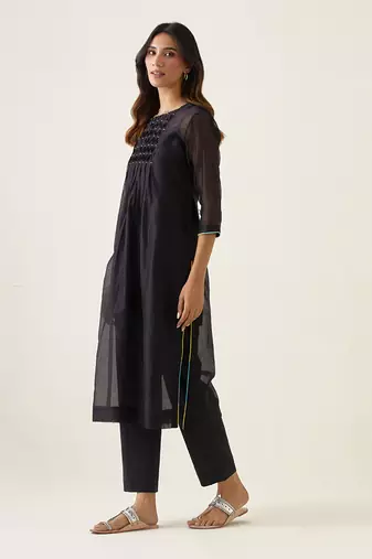 Black chanderi handloom smocking kurta set