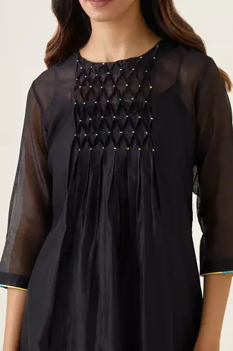 Black chanderi handloom smocking kurta set