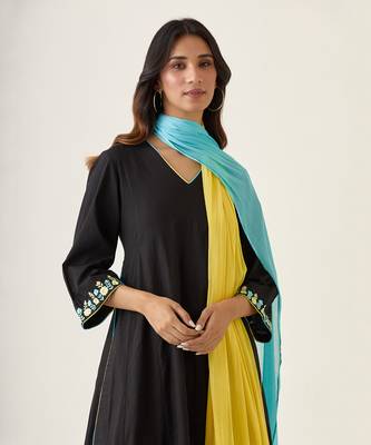 Black cotton embroidered kalidar kurta set 1