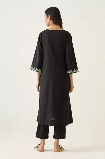 Black cotton embroidered kalidar kurta set