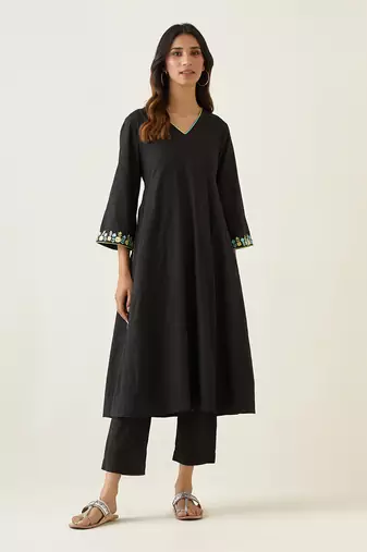 Black cotton embroidered kalidar kurta set