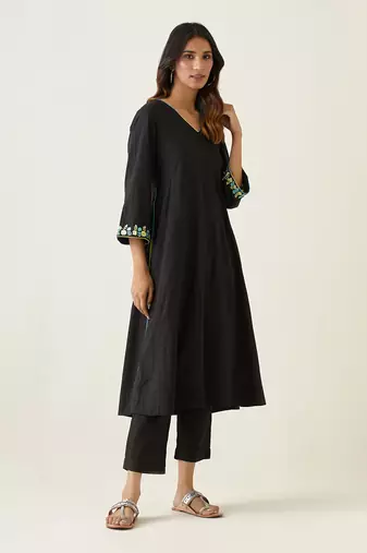 Black cotton embroidered kalidar kurta set