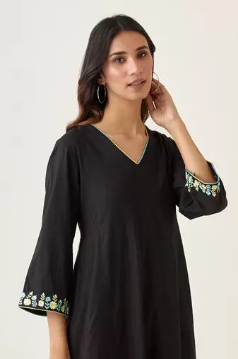 Black cotton embroidered kalidar kurta set