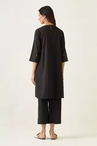 Black cotton a line pin tuck kurta set