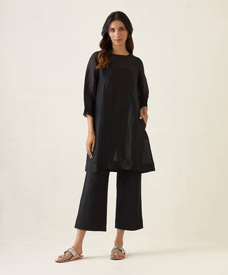 Black a line linen silk kurta set 1