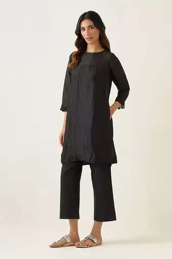 Black a line linen silk kurta set