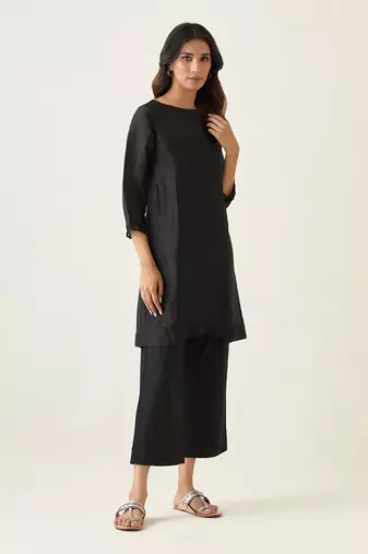 Black a line linen silk kurta set