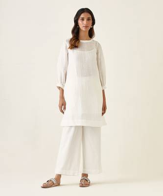 White a line linen silk kurta set 1