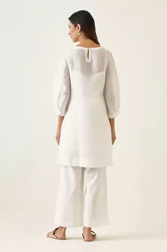 White a line linen silk kurta set