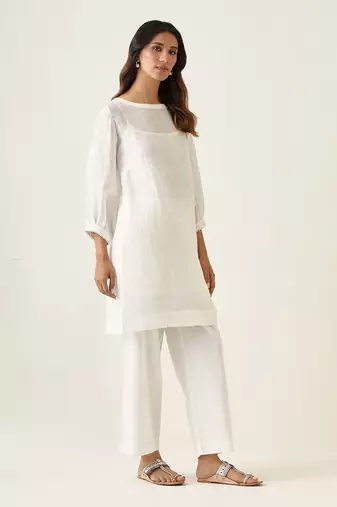 White a line linen silk kurta set