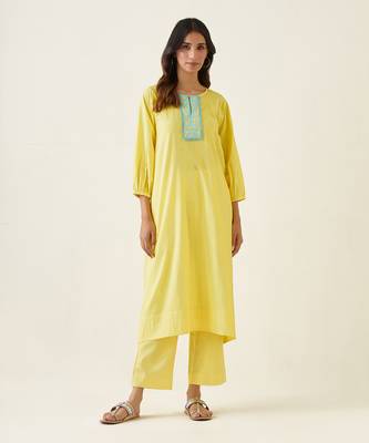 Maize yellow cotton embroidered a line kurta set 1
